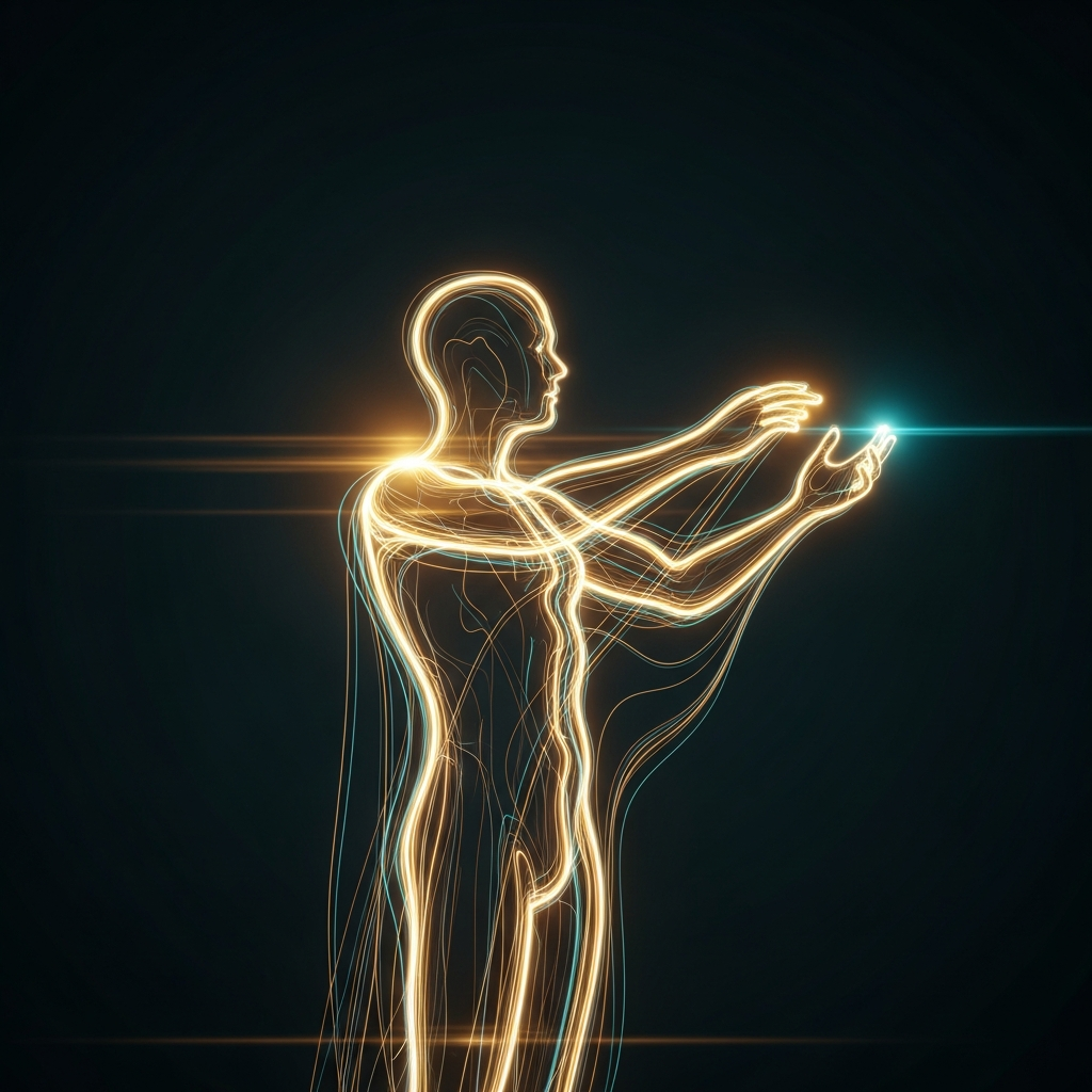 Technology serving people — light streams forming a human silhouette