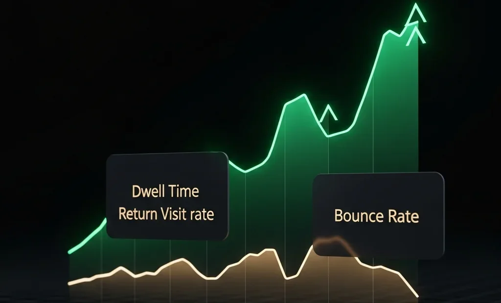 Analytics dashboard showing improved behavioral signals — rising dwell time and return visits, falling bounce rate