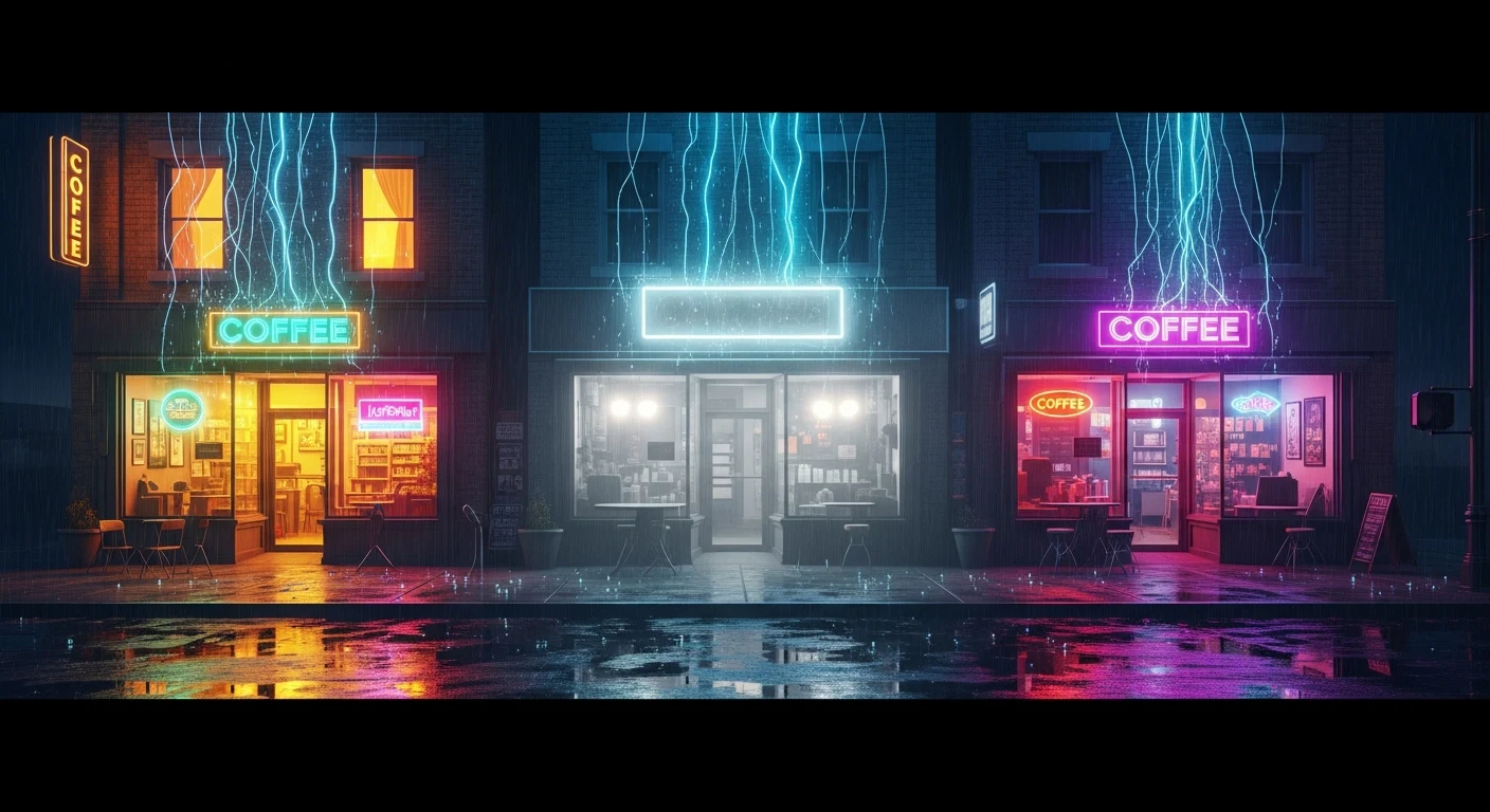 Three coffee shops on a rainy city street at night — two glow with warm light and electric data streams, the center one fades into grey invisibility