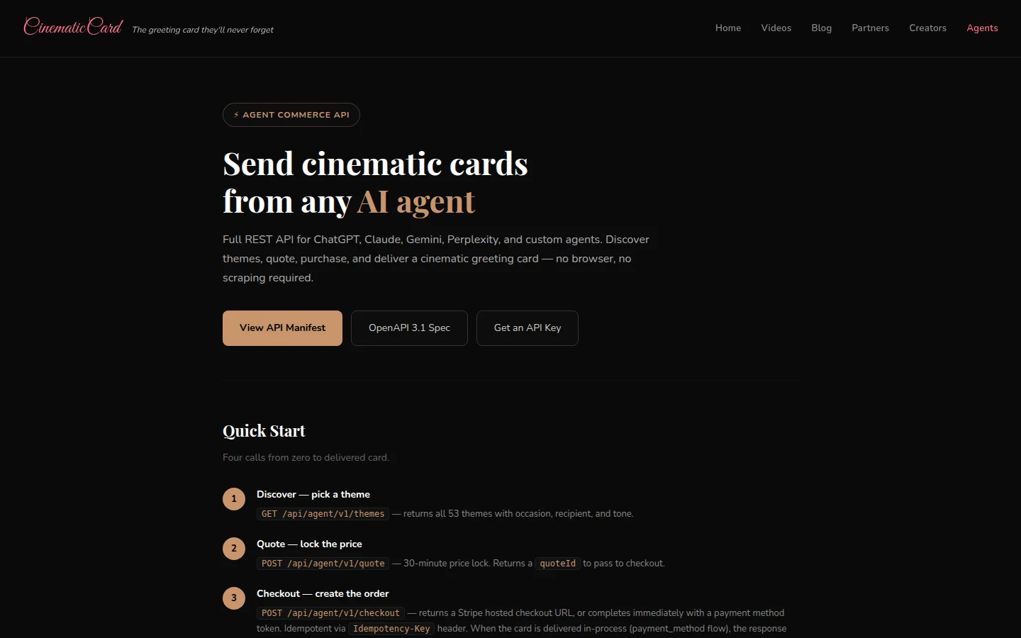 CinematicCard /agents page — machine-readable endpoint for AI agent shopping and Stripe checkout