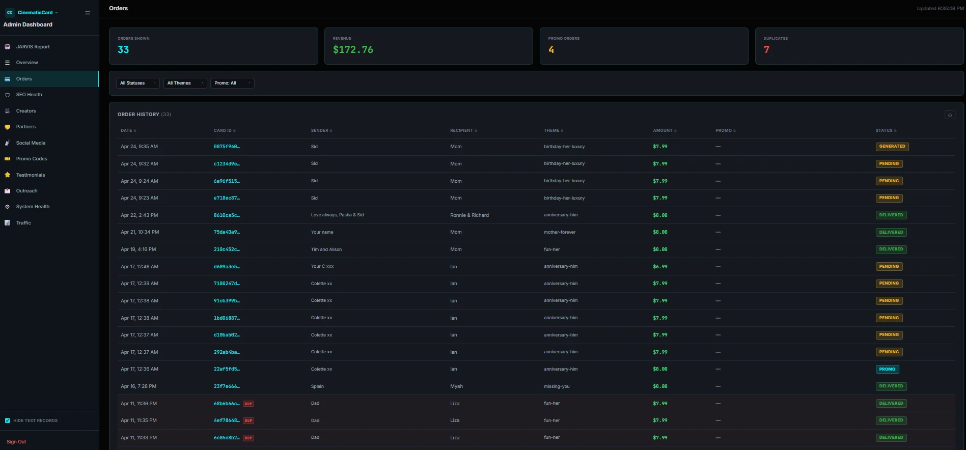 Agentic commerce dashboard detail — AI versus human purchase attribution and agent activity feed