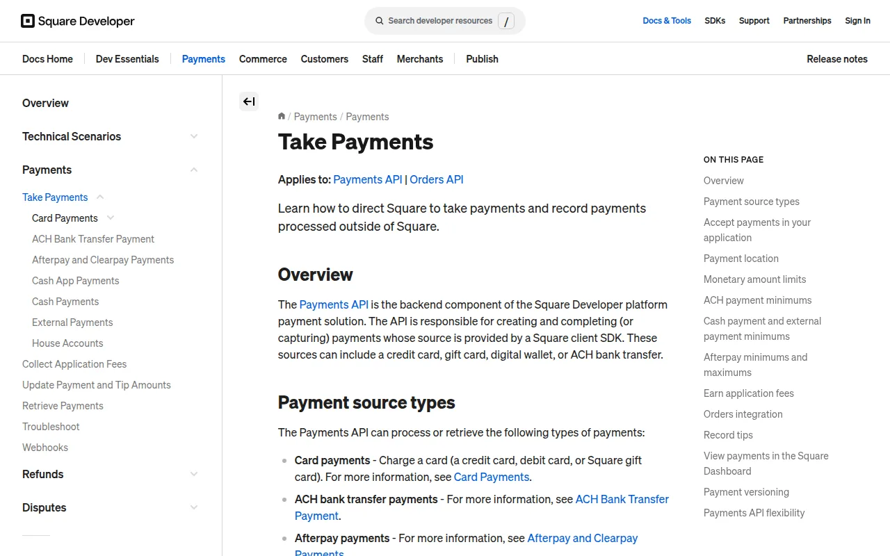 Square Payments API documentation screenshot