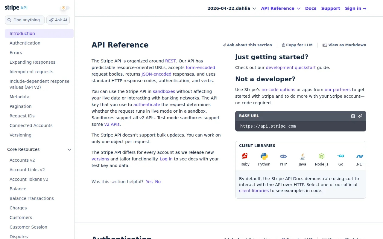 Stripe API documentation screenshot