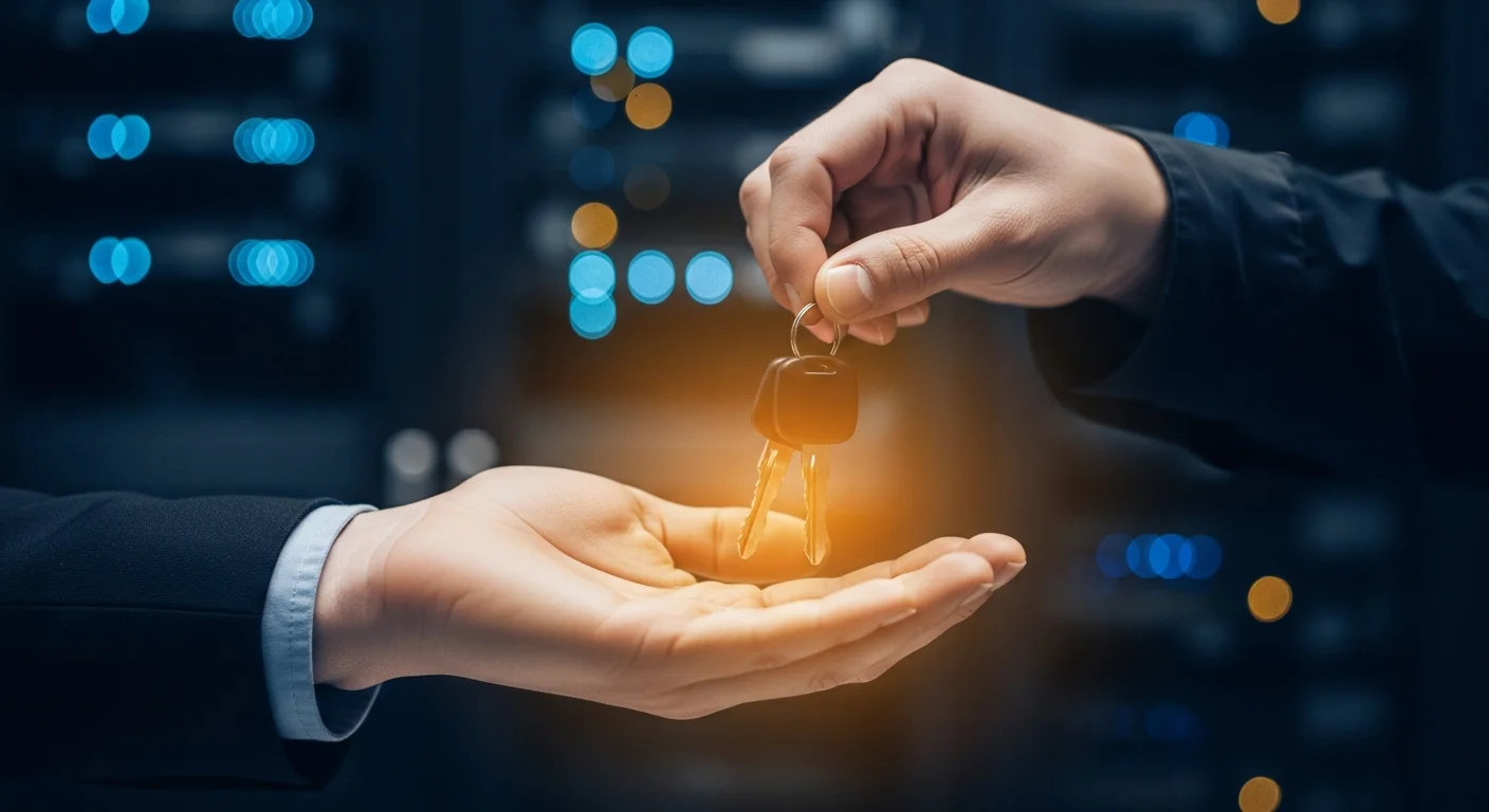 Technician handing car keys back to the owner — representing the moment SSH credentials are deleted and server access is returned to the client