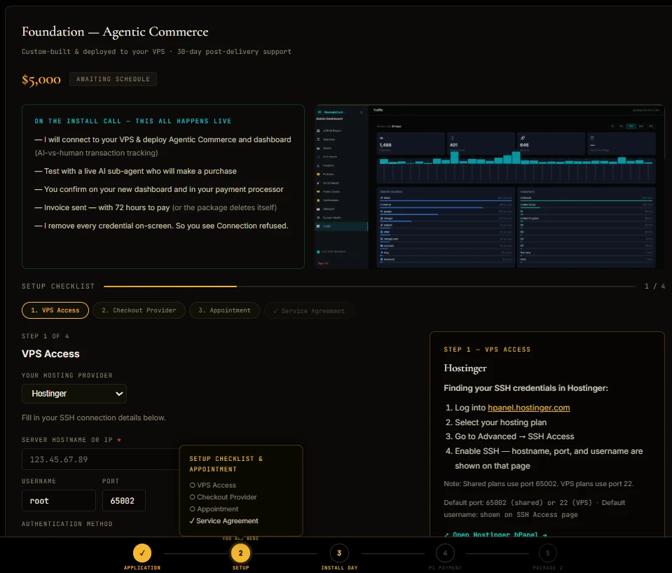 Client portal pre-install checklist complete — VPS access, store config, and platform details all confirmed