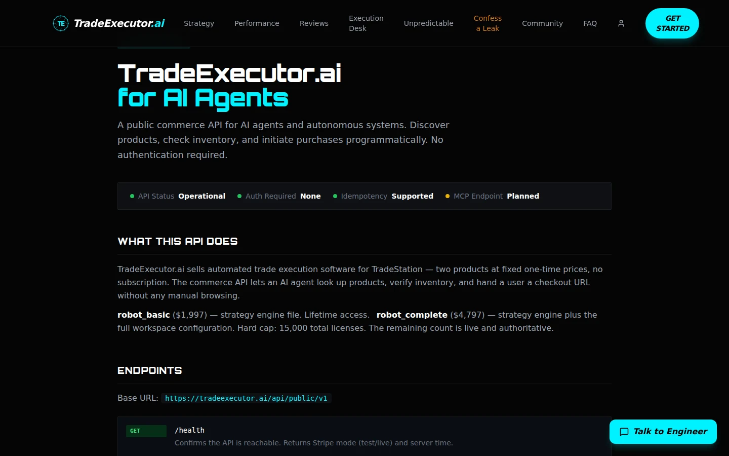 TradeExecutor.AI /agents page — AI agent purchase endpoint with Stripe checkout