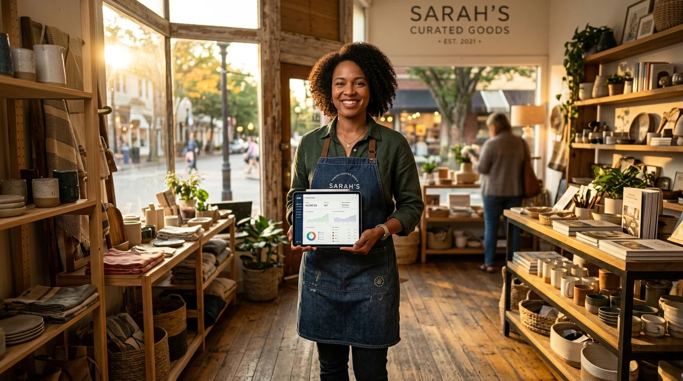 Business owner reviewing a live automation dashboard on a tablet