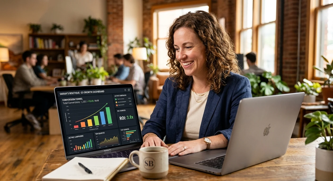Business owner reviewing a marketing conversion dashboard