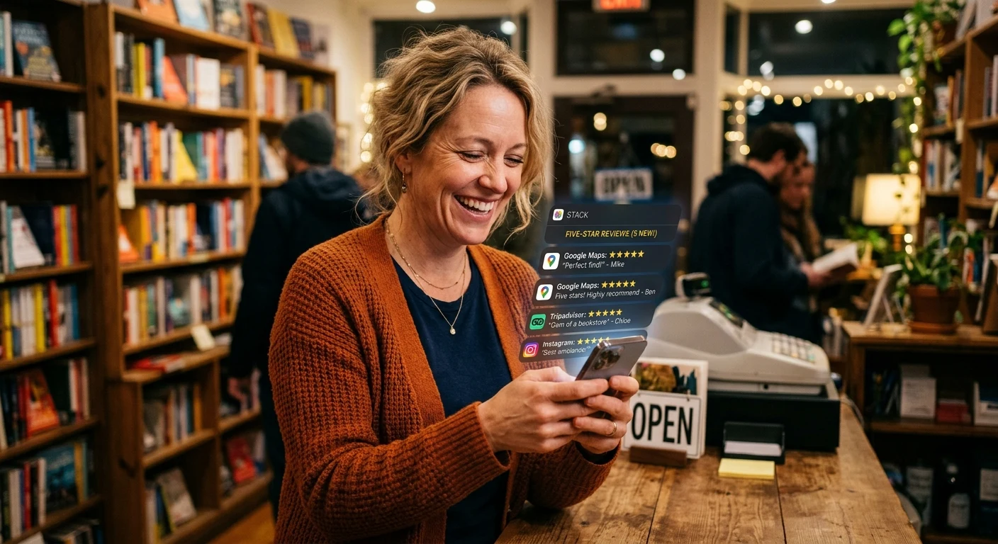 Business owner smiling at new five-star review notifications