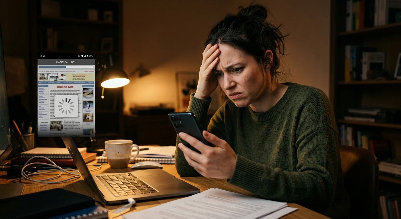 A frustrated person looking at a slow-loading, dated website on their phone