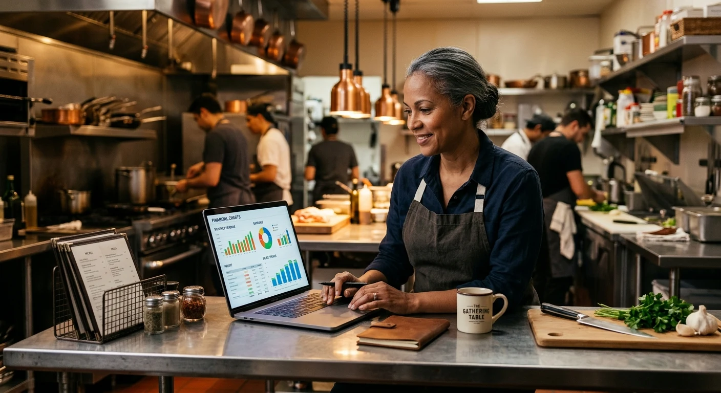 A restaurant owner confidently reviewing clean financial charts on a laptop