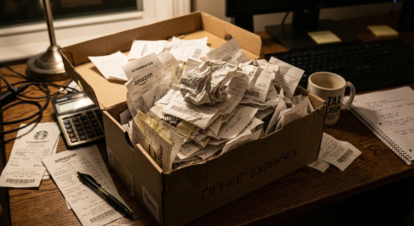 A cluttered shoebox overflowing with paper receipts