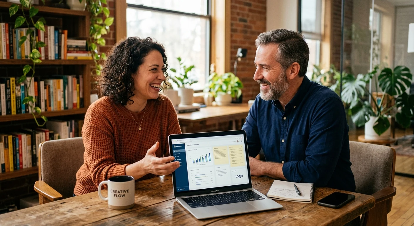A business owner in a genuine one-on-one AI coaching session