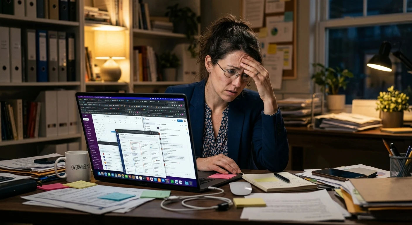 An overwhelmed business owner surrounded by too many browser tabs and apps
