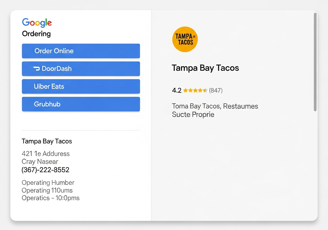 A real Google Business Profile ordering panel showing DoorDash, Seamless, Grubhub, and Uber Eats buttons — all commission-based