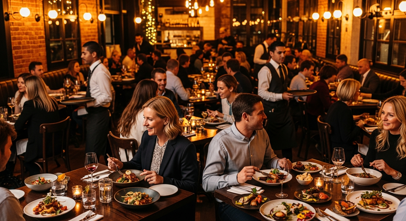 Warm, busy restaurant at dinner service — full tables, beautiful food, amber lighting