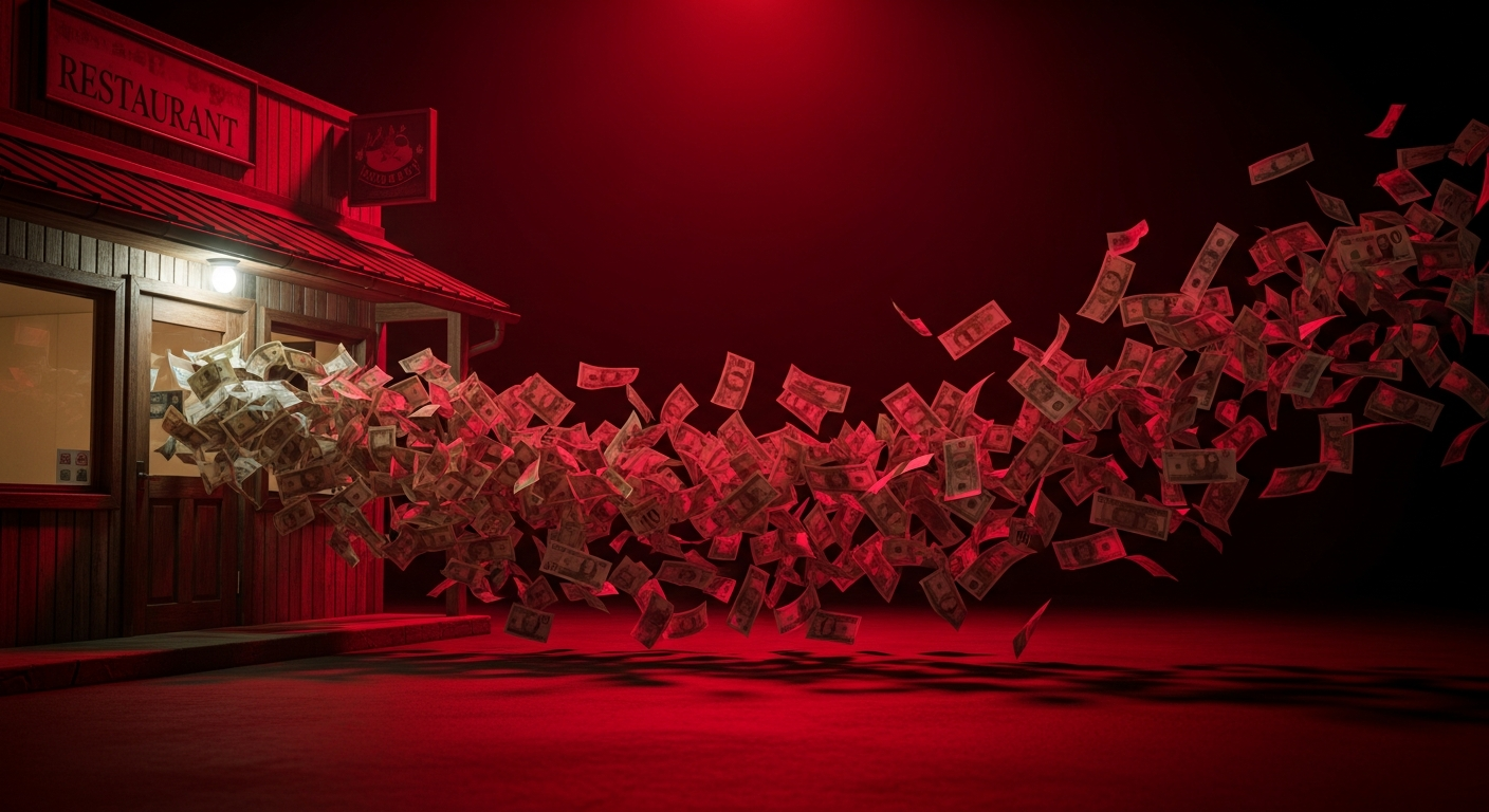 Cash being swept away from a restaurant into the dark, illustrating commission loss