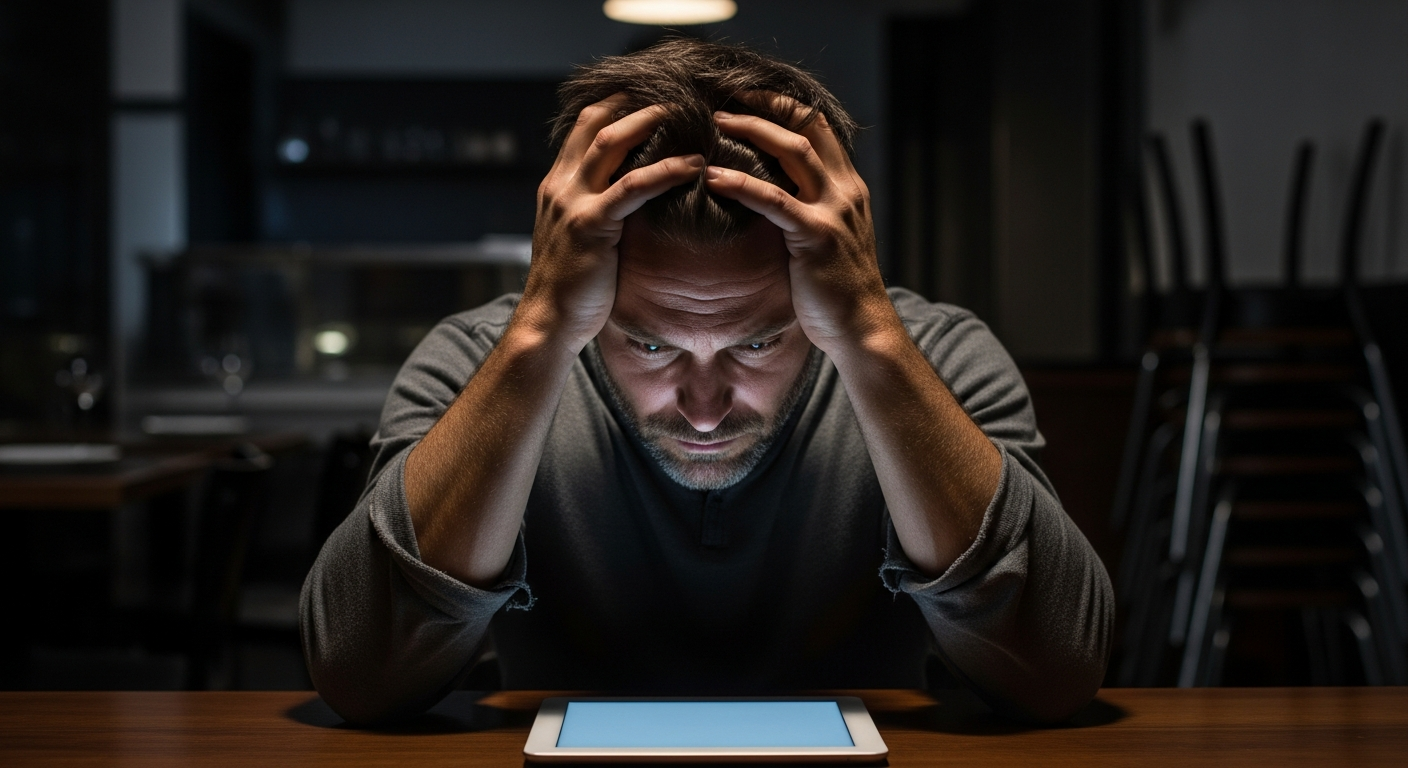 A stressed restaurant owner, head in his hands, looking at his phone showing delivery app fees