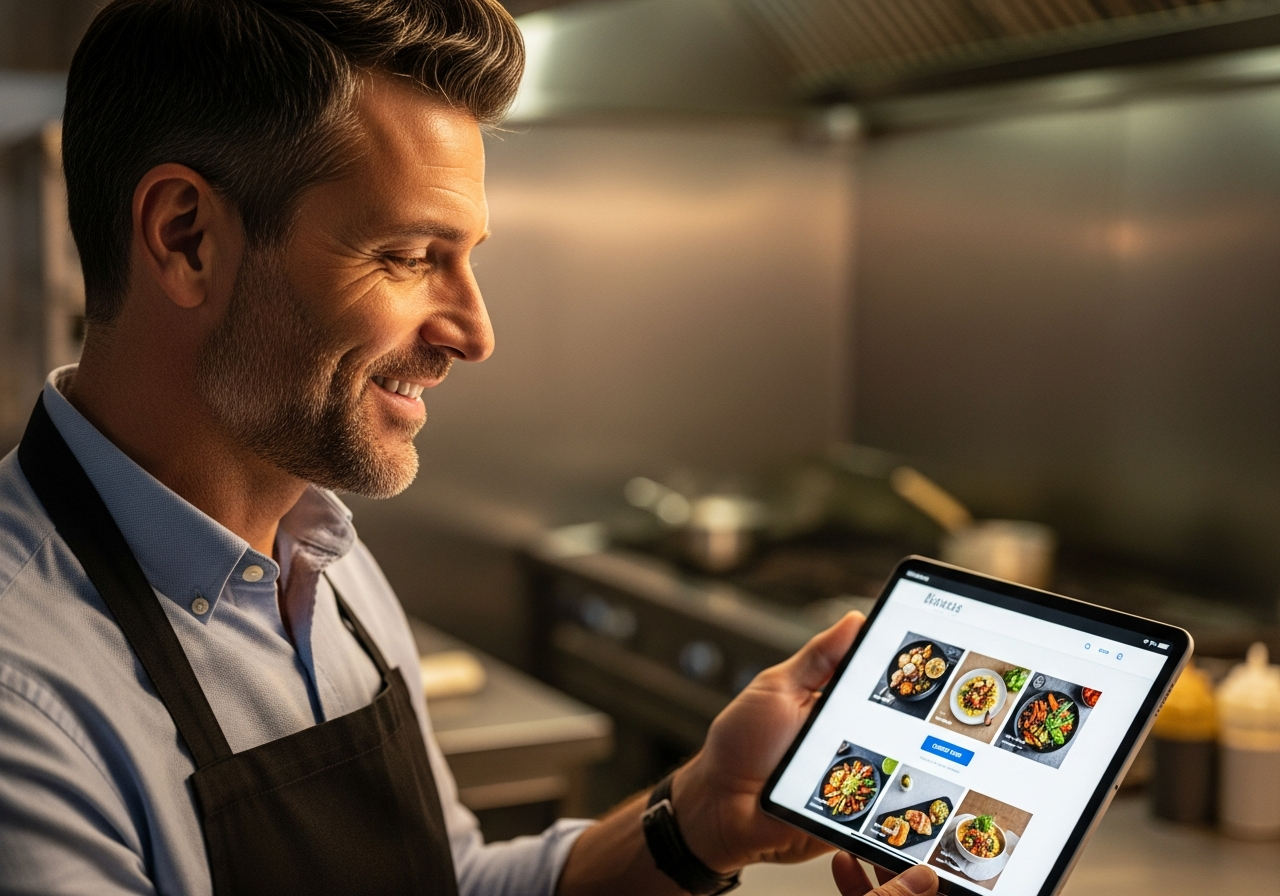 Restaurant owner with tablet showing direct ordering