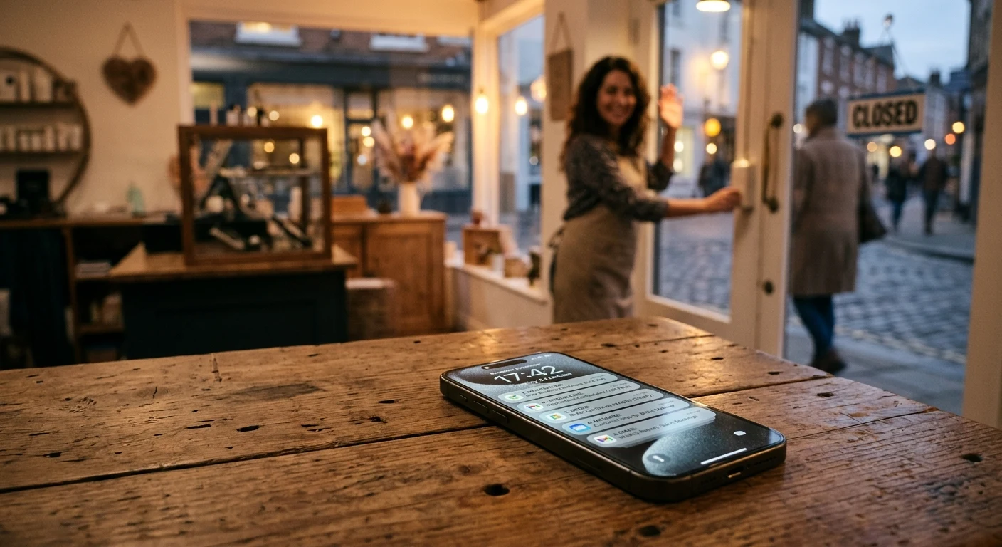 Phone showing booking confirmations, owner locking up in the background