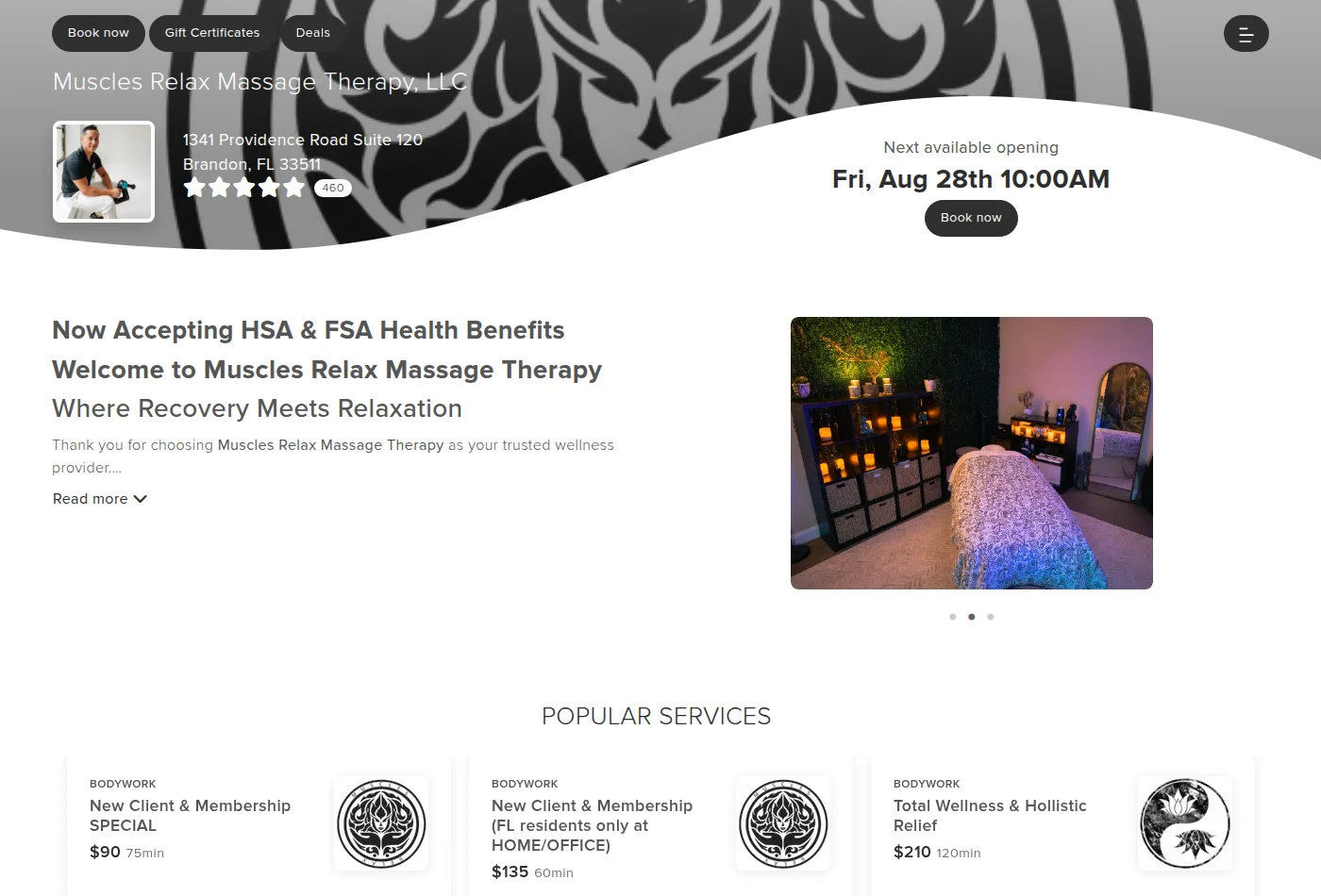 The real current MassageBook listing page