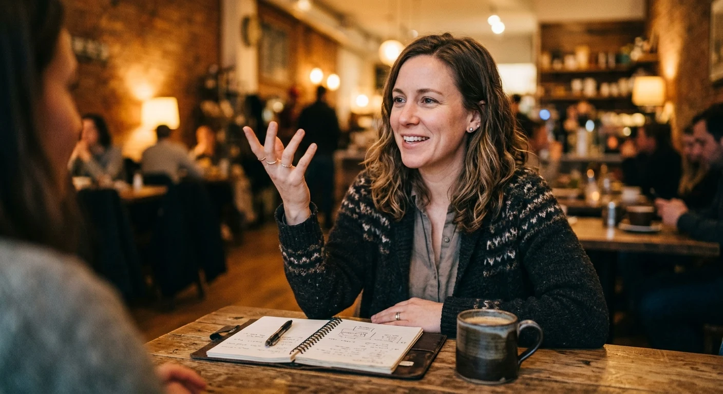 Business owner explaining her business during a discovery conversation