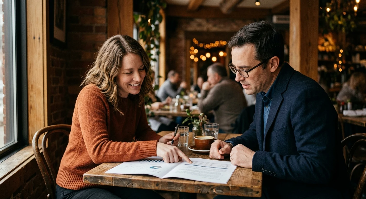 A business owner and consultant reviewing a printed proposal together at a table