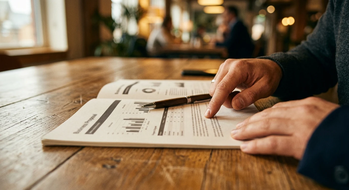 Close-up of hands reviewing a printed business proposal document