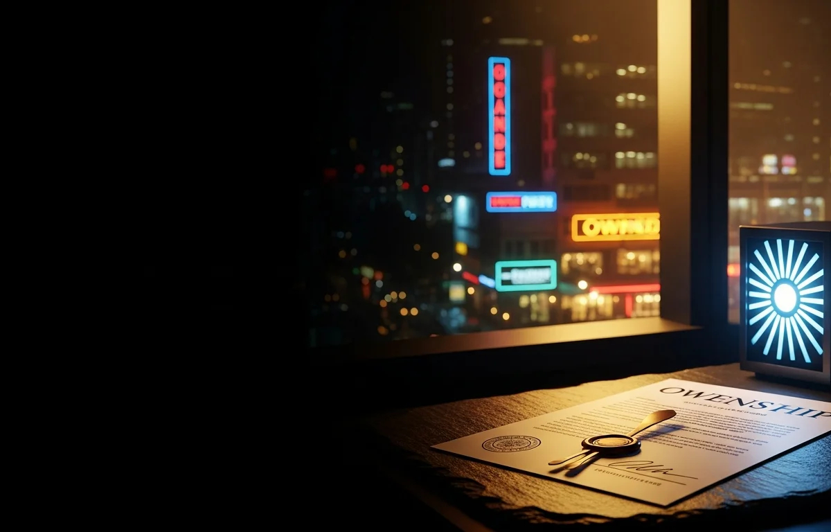 Cinematic editorial: an ownership certificate with wax seal on a dark desk, server light glowing, commerce storefronts visible through the window behind it