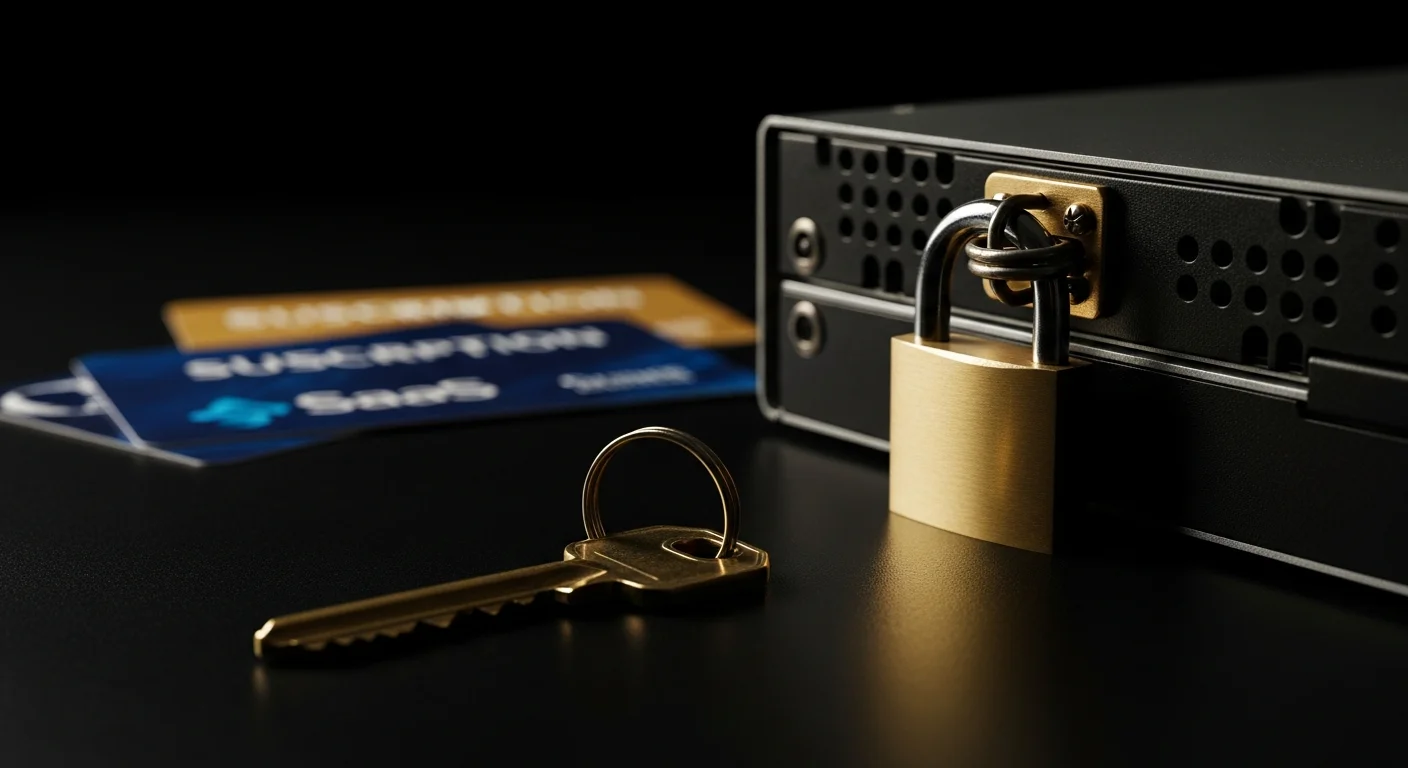 A server with a brass padlock and a key in the foreground — you hold the key. SaaS subscriptions fade into the background, out of focus.