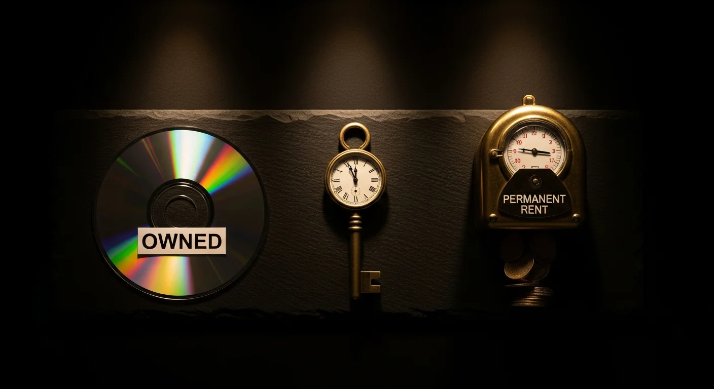 Three eras of commerce software: owned on the left, leased in the center, permanently rented on the right — the pattern that has repeated across every category