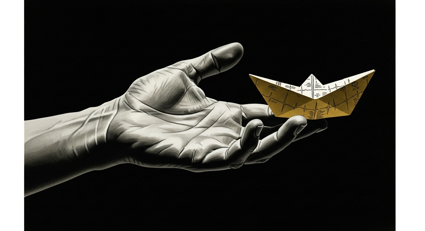 Editorial illustration: an adult hand holding a small paper boat made from a medical chart — a visual of fragile trust in the healthcare system