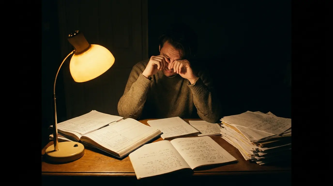 A small-business owner surrounded by paperwork late at night