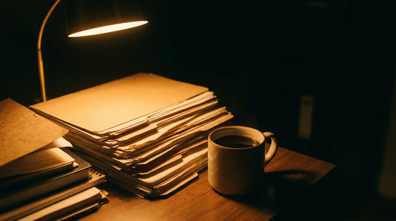 A stack of paperwork beside a cold cup of coffee