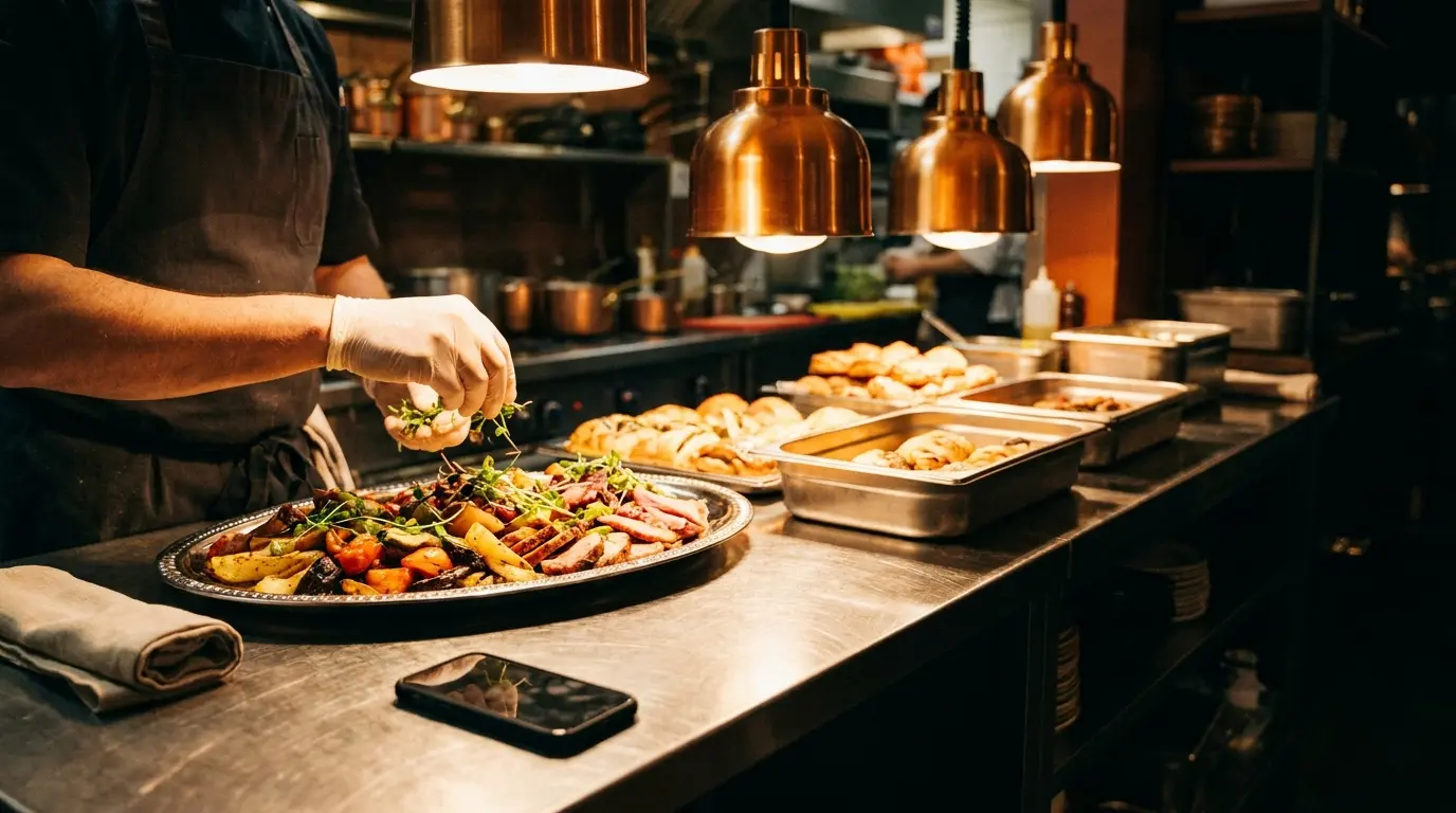 A catering order being finished in a warm restaurant kitchen