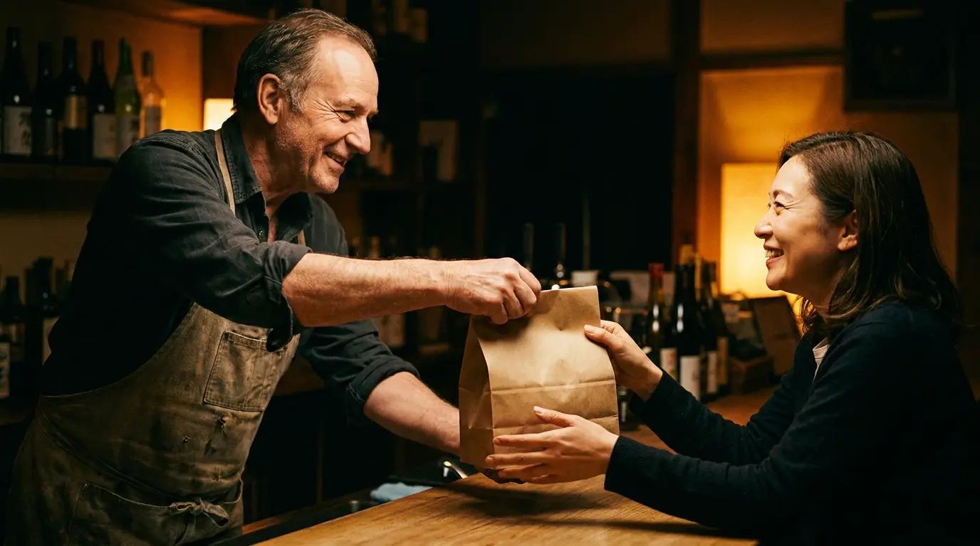 An owner handing a takeaway order straight to a customer