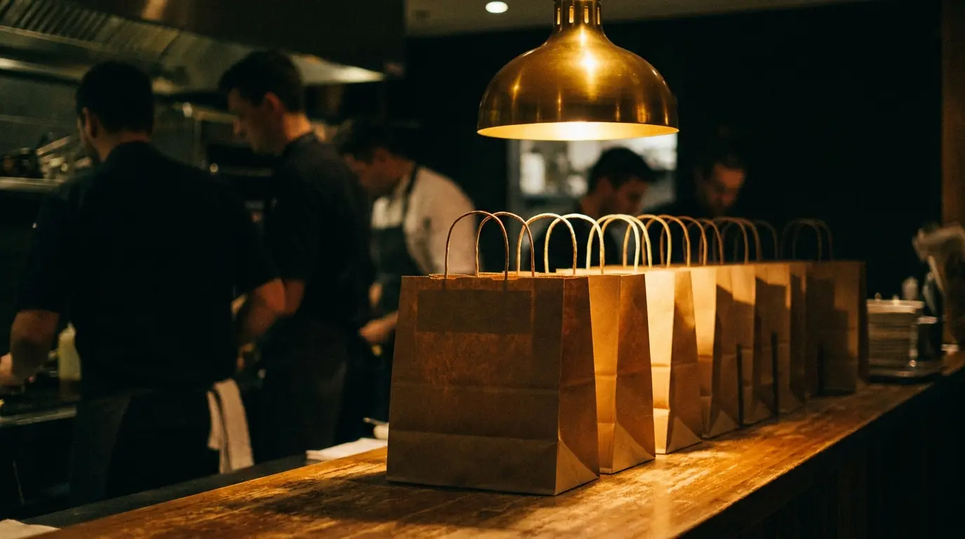 Takeaway bags lined up waiting for couriers