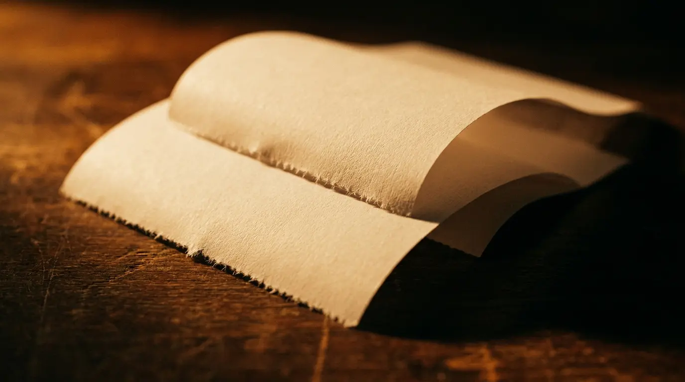 Two overlapping paper receipts on a dark table under warm light