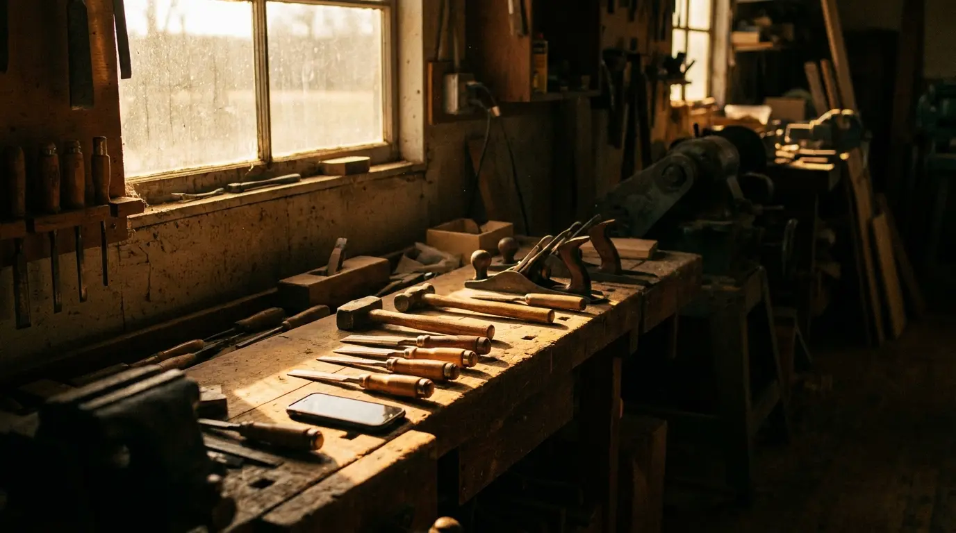 A silent phone on a workshop bench at the end of the day