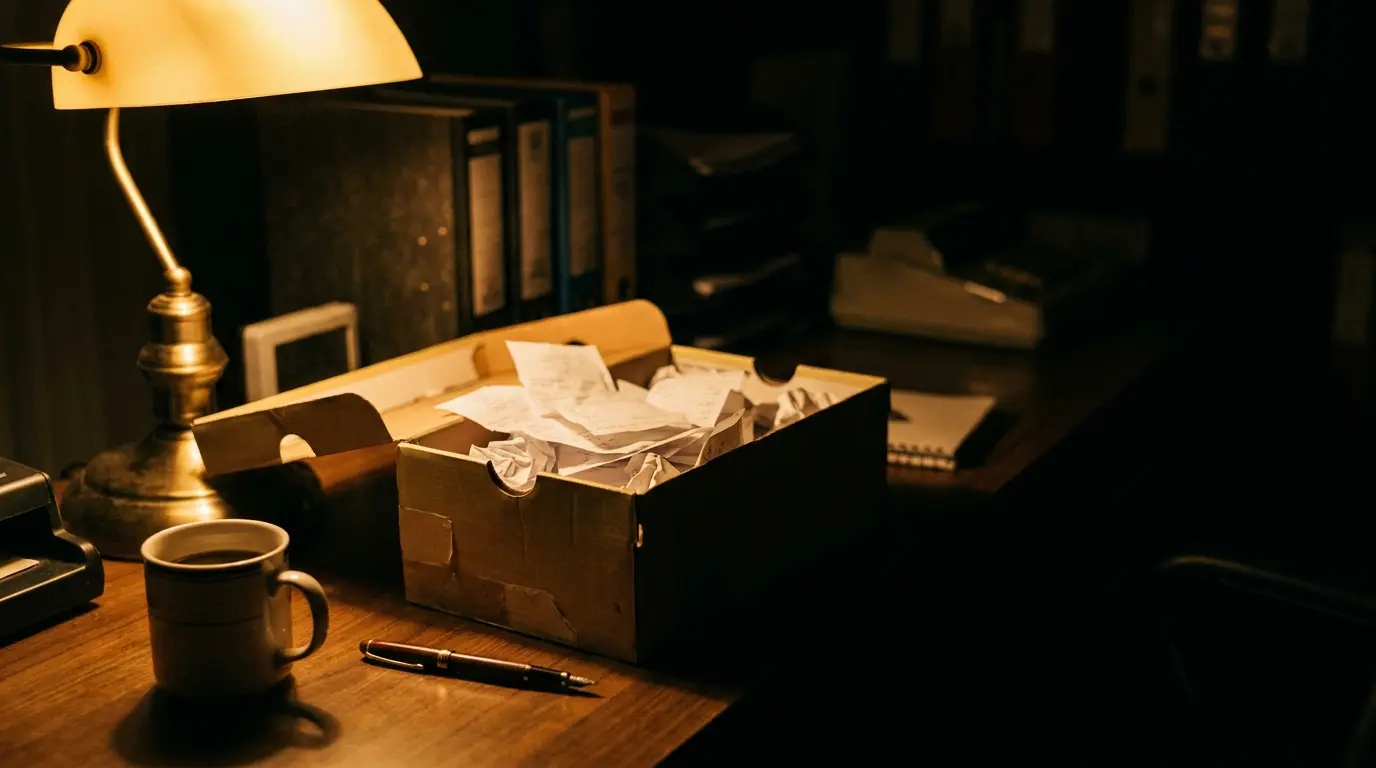 A shoebox of receipts on a small-business desk at night