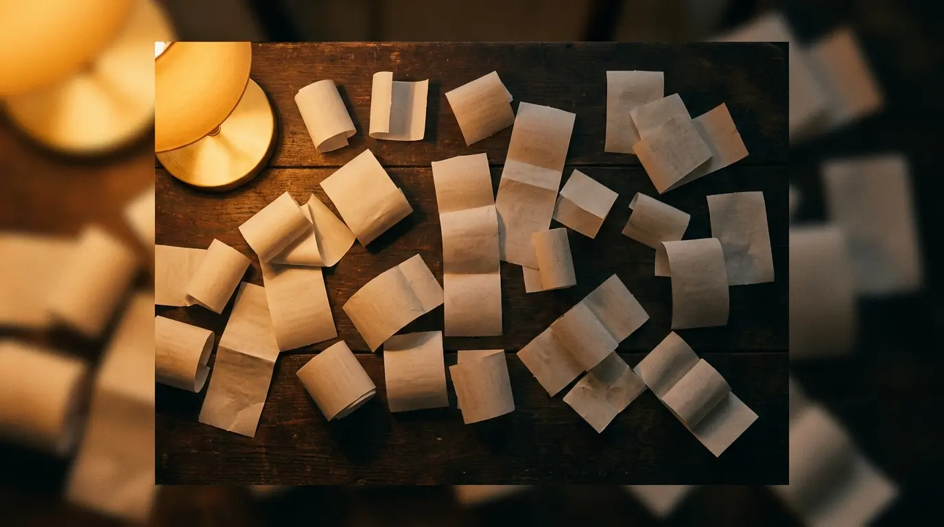 Dozens of loose receipts scattered across a dark table