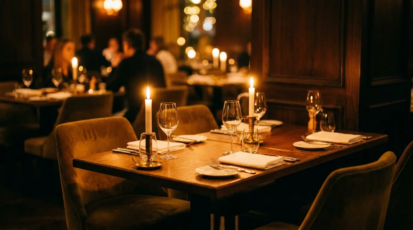 An empty table set and waiting in a warm restaurant