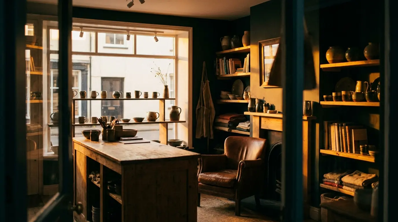 A warmly lit shop with no customers in it