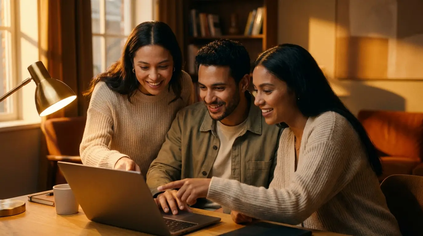 Three colleagues of a small business learning together around a laptop