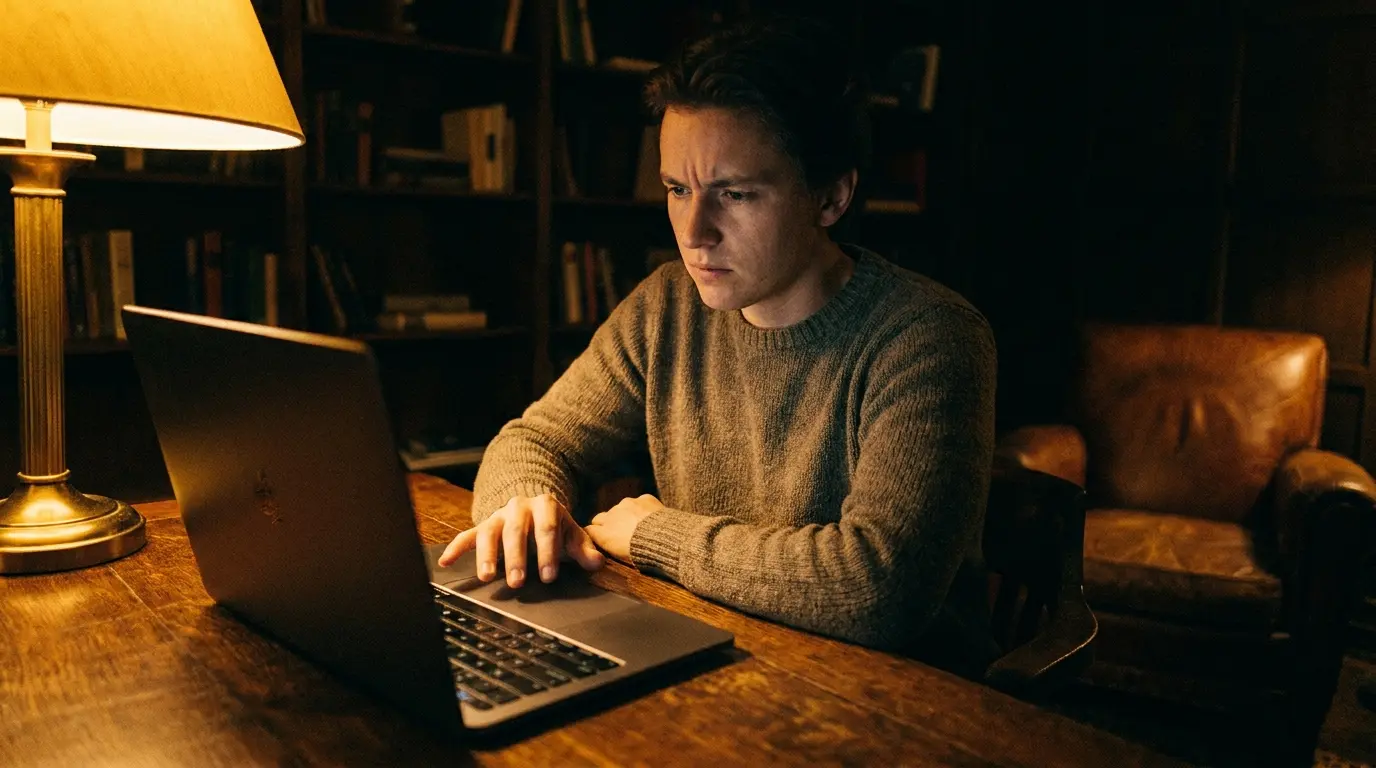 A person hesitating over a laptop