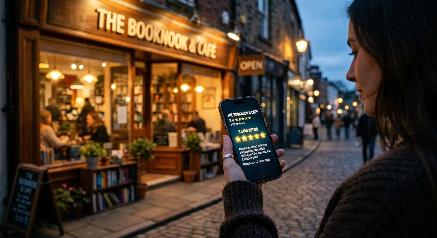 A smartphone glowing with a five-star review page in front of a warmly lit storefront
