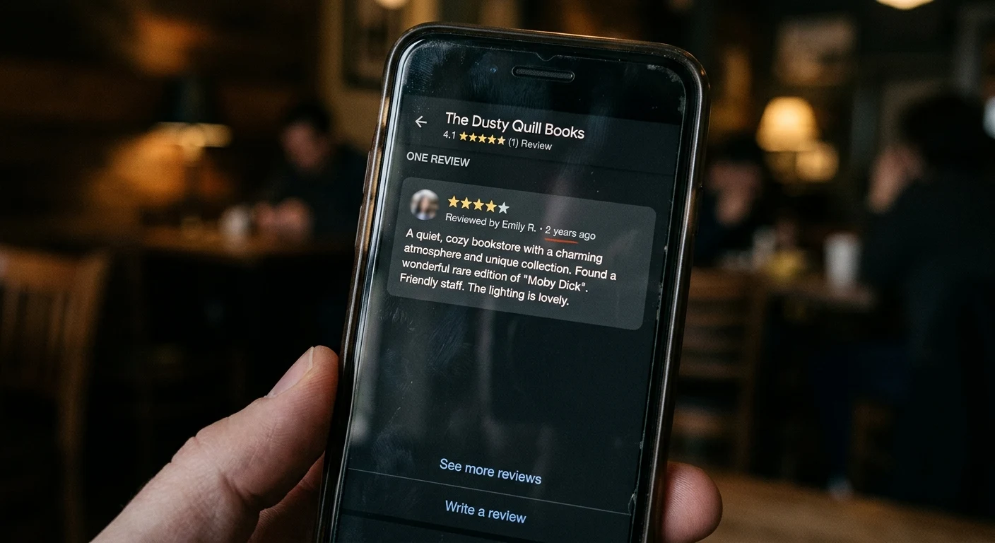 A nearly empty business review page with just one old review