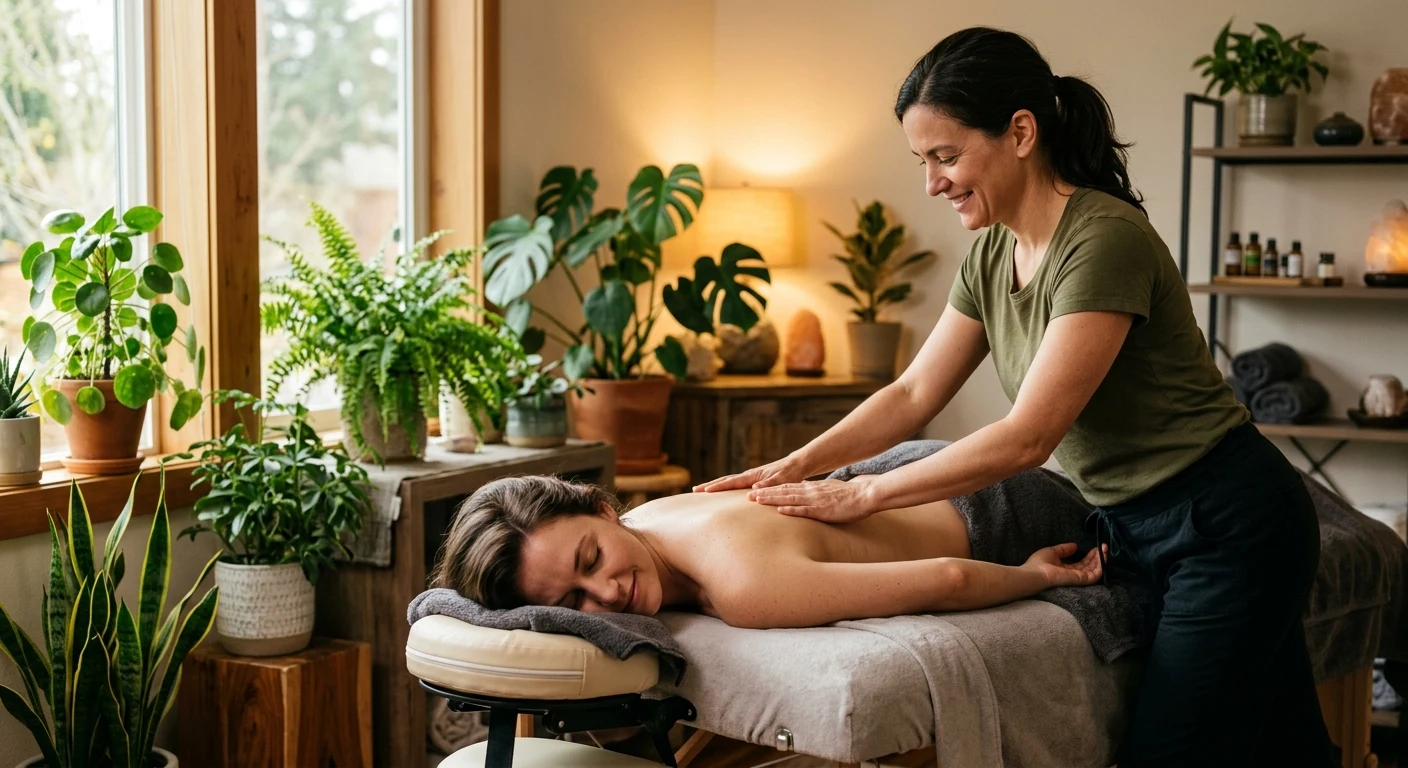 A massage therapist calmly working with a client in a serene treatment room