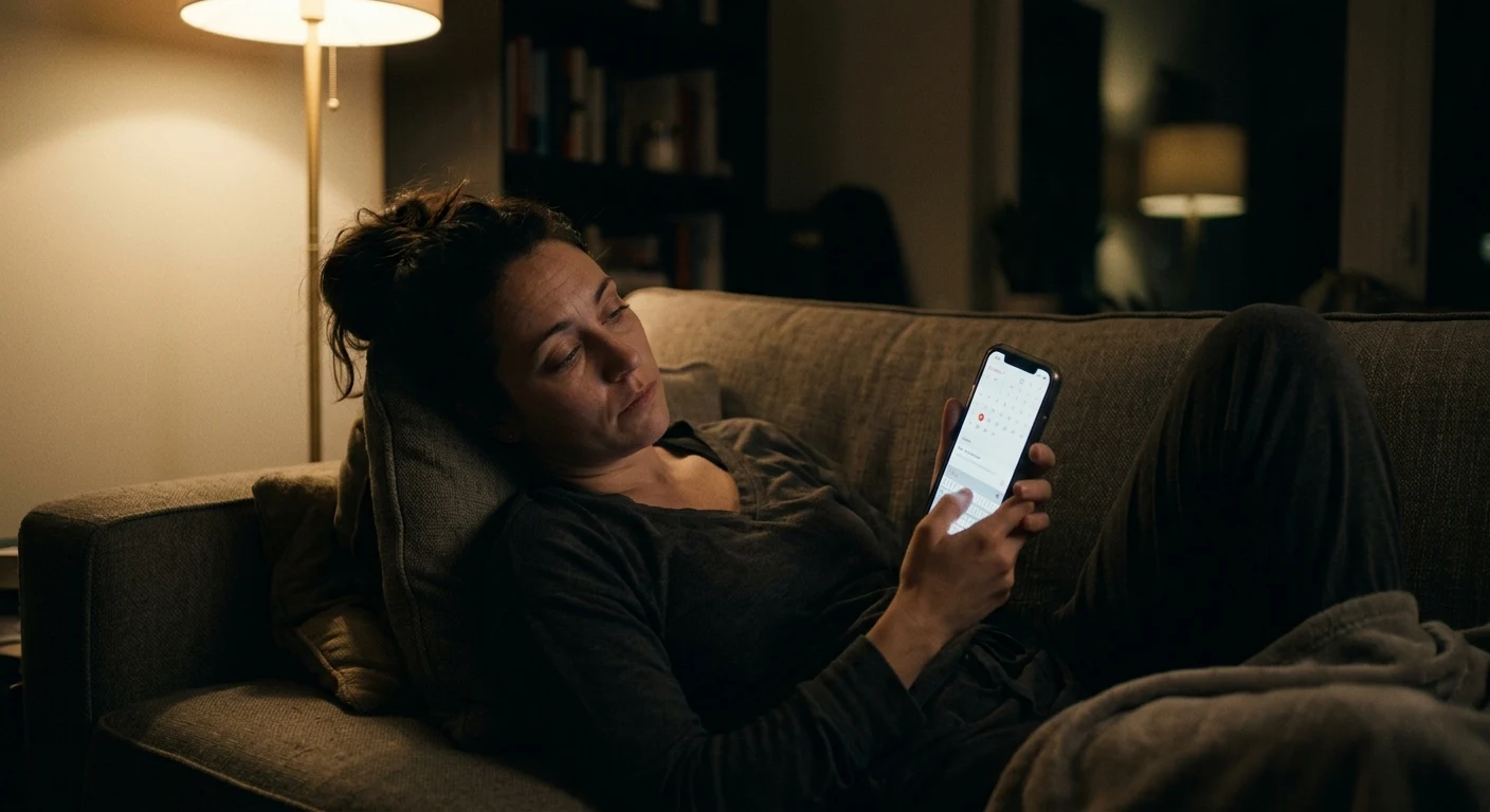 An exhausted practitioner texting on their phone late at night